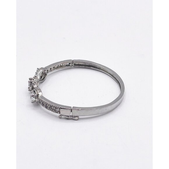 Silver Tone Cubic Zirconia Hinged Bangle Bracelet Vintage Style Three Stone - Picture 4 of 9